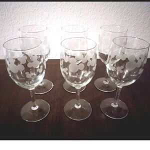 Disney Mickey Mouse Etched Wine Glasses Set of 6 Clear Frosted Stemware